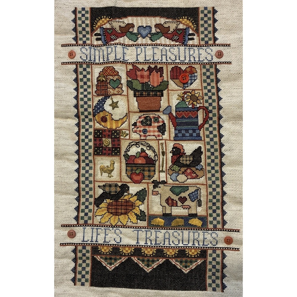 Completed Counted Cross Stitch Lifes Treasures Sampler Primitive Folkart 18"x23"